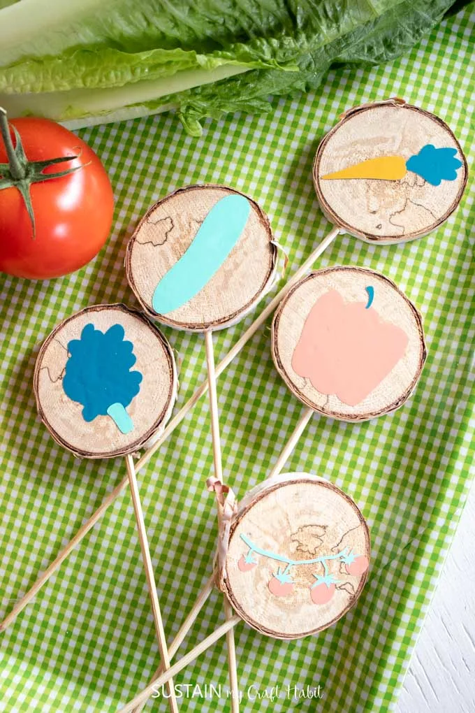 Wood slices with pictures of vegetables, on a wooden skewer  placed next to a green checkered tablecloth, a tomato and lettuce. 