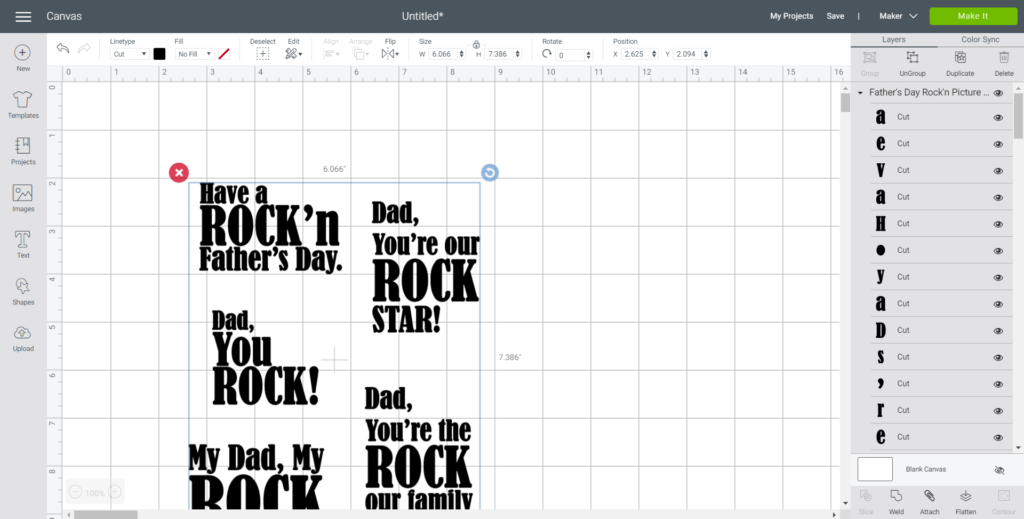 Uploading Father’s Day Rock’n phrases in Cricuts Design Space.