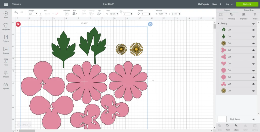 Resizing peony flowers in Cricut design space to 9 inches high.