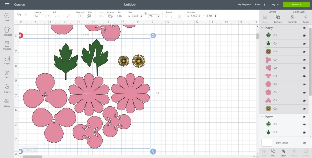 Resizing peony flowers in Cricut's design space to 7.5 inches high.