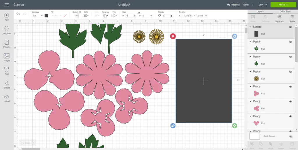 Changing the size of peony images to 4"x6" in Cricut's design space.