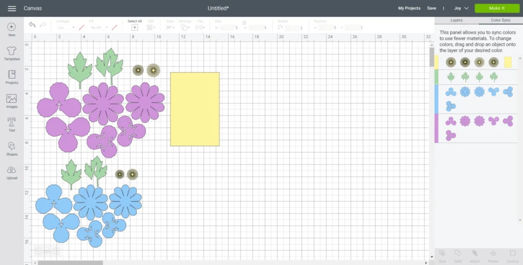 Ungrouping peony images and sorting them by color in Cricut's design space program.