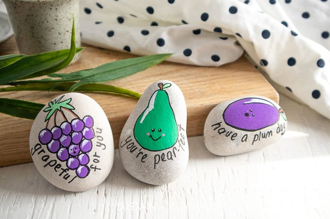Fruit painted kindness rocks. Includes grapes, a pear and a plum. 