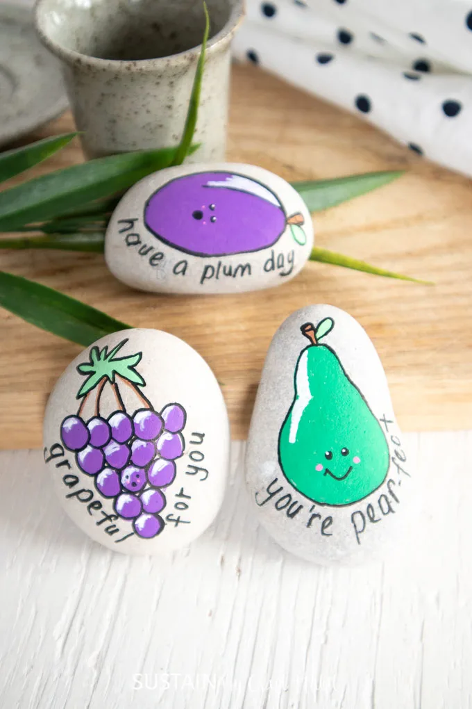 Fruit painted kindness rocks. Includes grapes, a pear and a plum. 