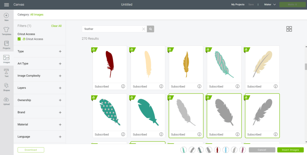 Searching for feather images in Cricut's Design Space.