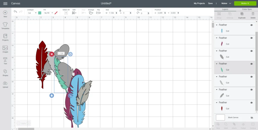 Duplicating the feathers in Cricut's Design Space.