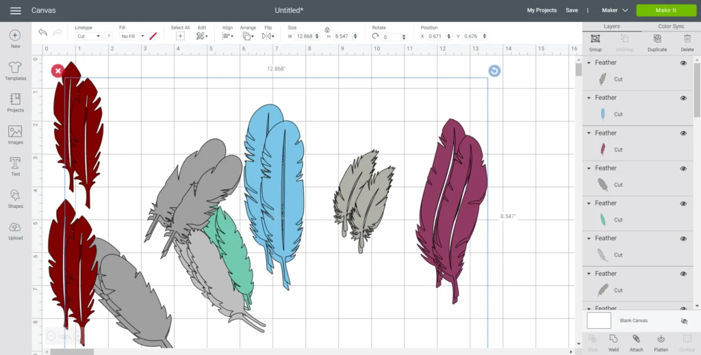 Changing the size of each feather in Cricut's Design Space.