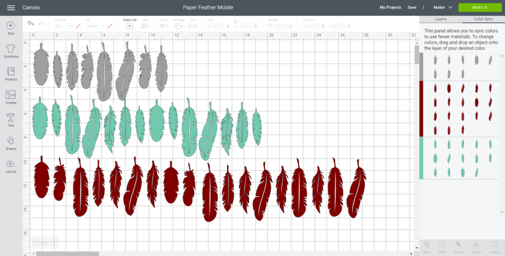 Using the color sync tab in Cricut Design Space to change the feather colors to grey, green and red.