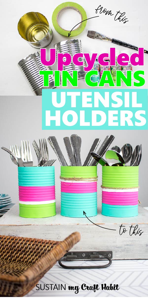 Upcycled tin cans utencil holders.
