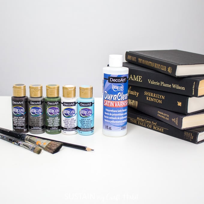 Materials needed to make birch bark painted decorative books, including hardcover books, paint, paintbrushes and varnish.