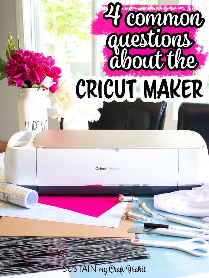 A Cricut Maker machine on a dining room table surrounded by Cricut materials and cutting tools. A text overlay reads "4 common questions about the Cricut Maker".
