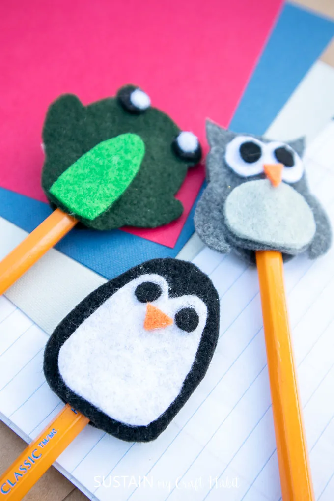 Penguin, frog and owl felt animals pencil toppers 