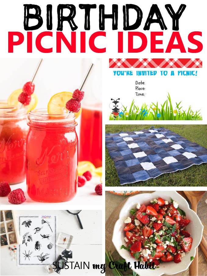 Collage of images with examples of birthday picnic ideas including food, drinks, blankets, invitations and more.