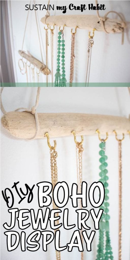 A close up of two Boho driftwood jewelry hangers with text overlay.