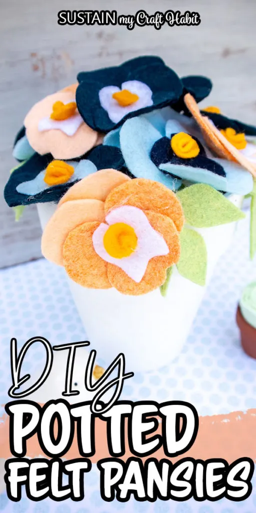 Potted felt pansies with text overlay "DIY potted felt pansies."