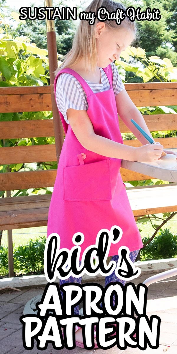 A child wearing a pink apron wihile doing crafts with text overlay "kid's apron pattern."