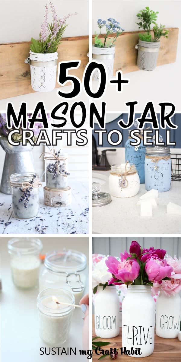 A collage of images as examples of upcycled glass jar crafts to make and sell.
