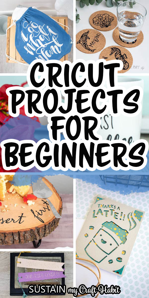 Collage of images showing examples of cricut projects for beginners including easy paper and vinyl crafts.