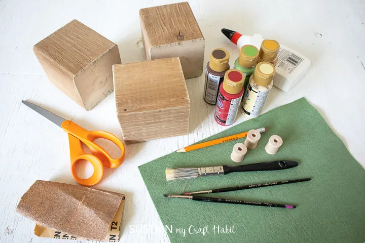 materials needed to make a DIY Wood Block Apples.
