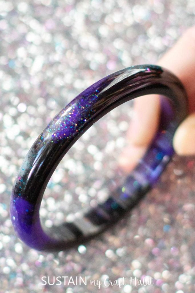 Close up of the galaxy inspired resin bracelet.