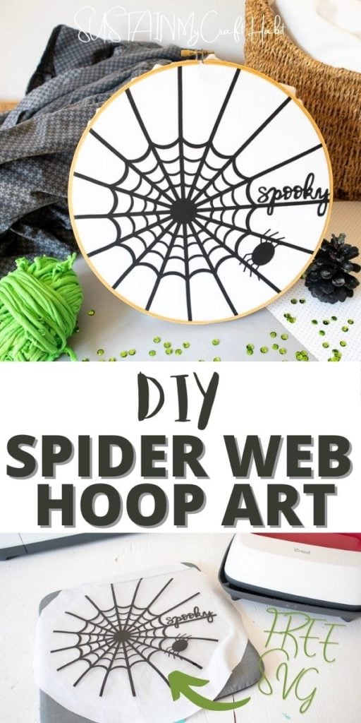 Spider web embroidery hoop art with text overlay and an in-process image showing how to iron on the spider web art.