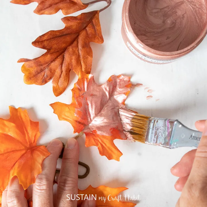 Painting a faux maple leaf with Rose Gold metallic paint.