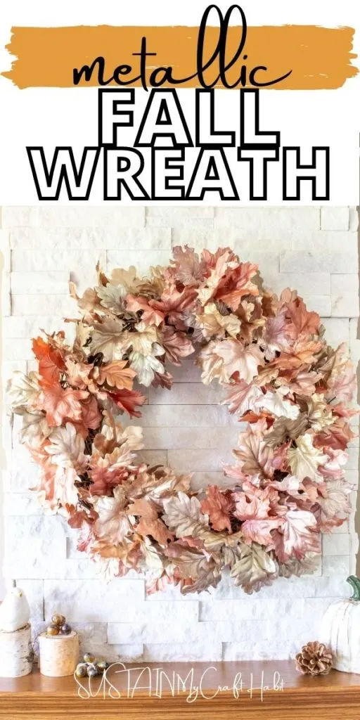 Metallic fall wreath with text overlay.