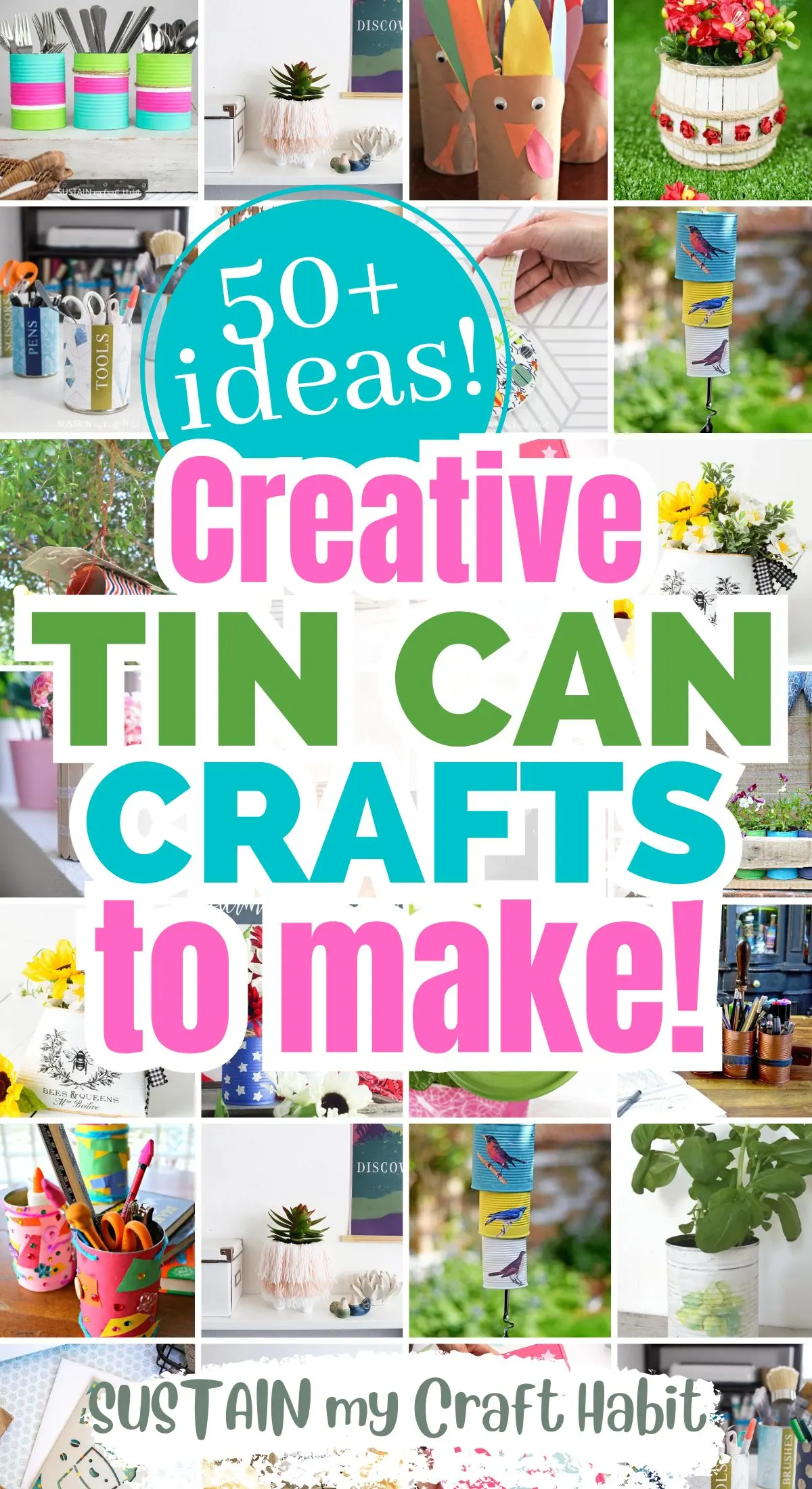 Collage of images showing examples of tin can crafts to make