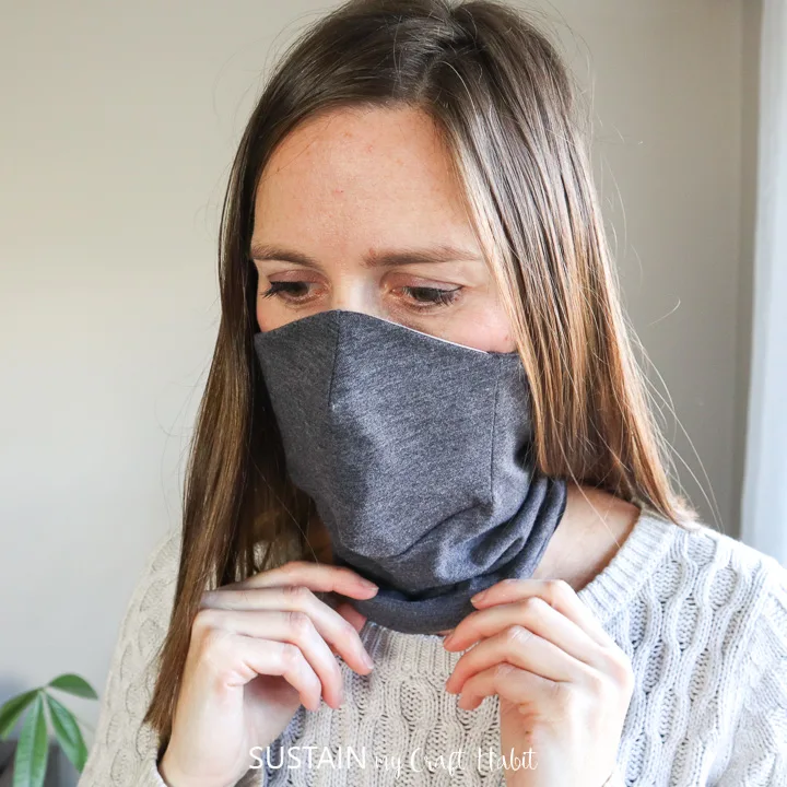 wearing a mask scarf with a built in nose and mouth panel 
