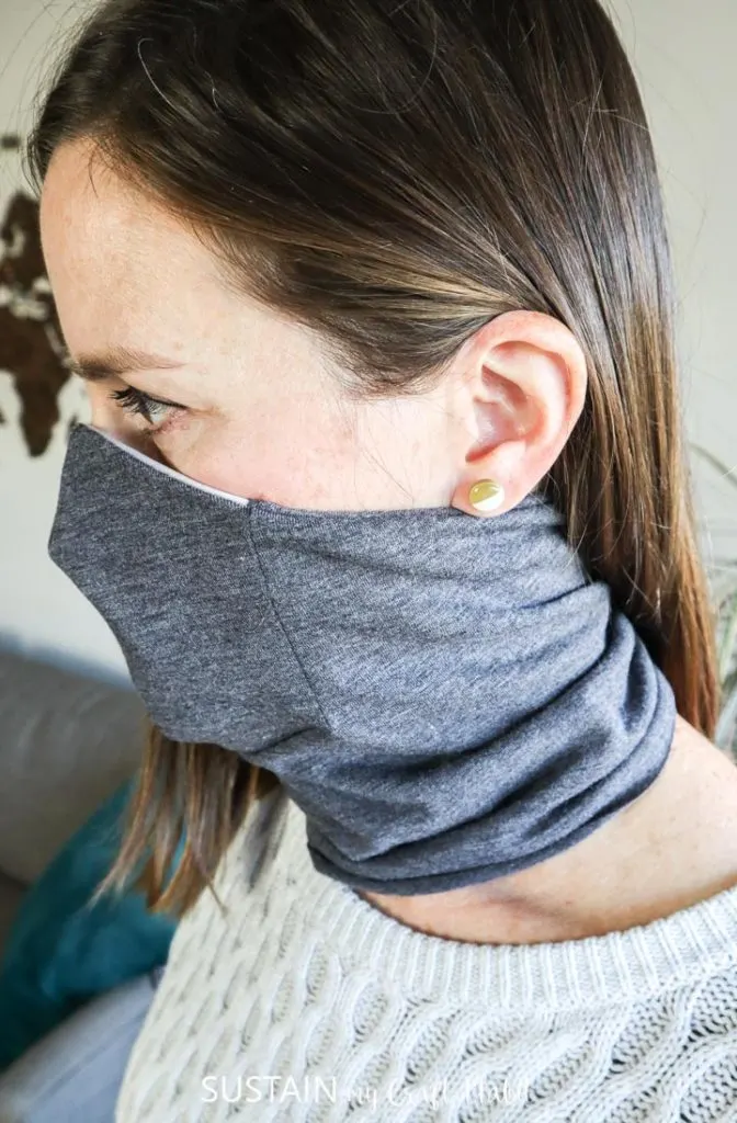 side view of mask scarf while wearing