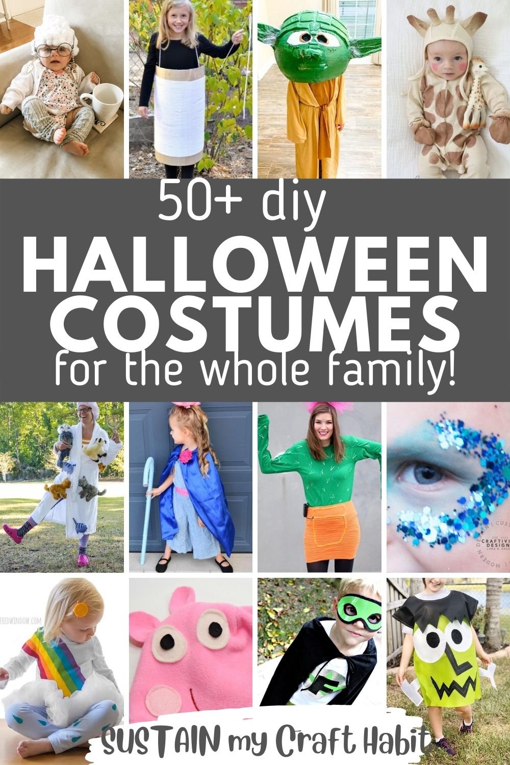 Collage of images as examples of cute DIY Halloween costumes to make.