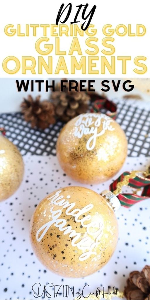 Glittering gold painted glass ornaments with text overlay.