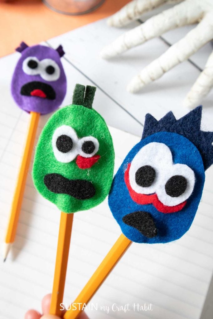 Finished felt monster pencil toppers.