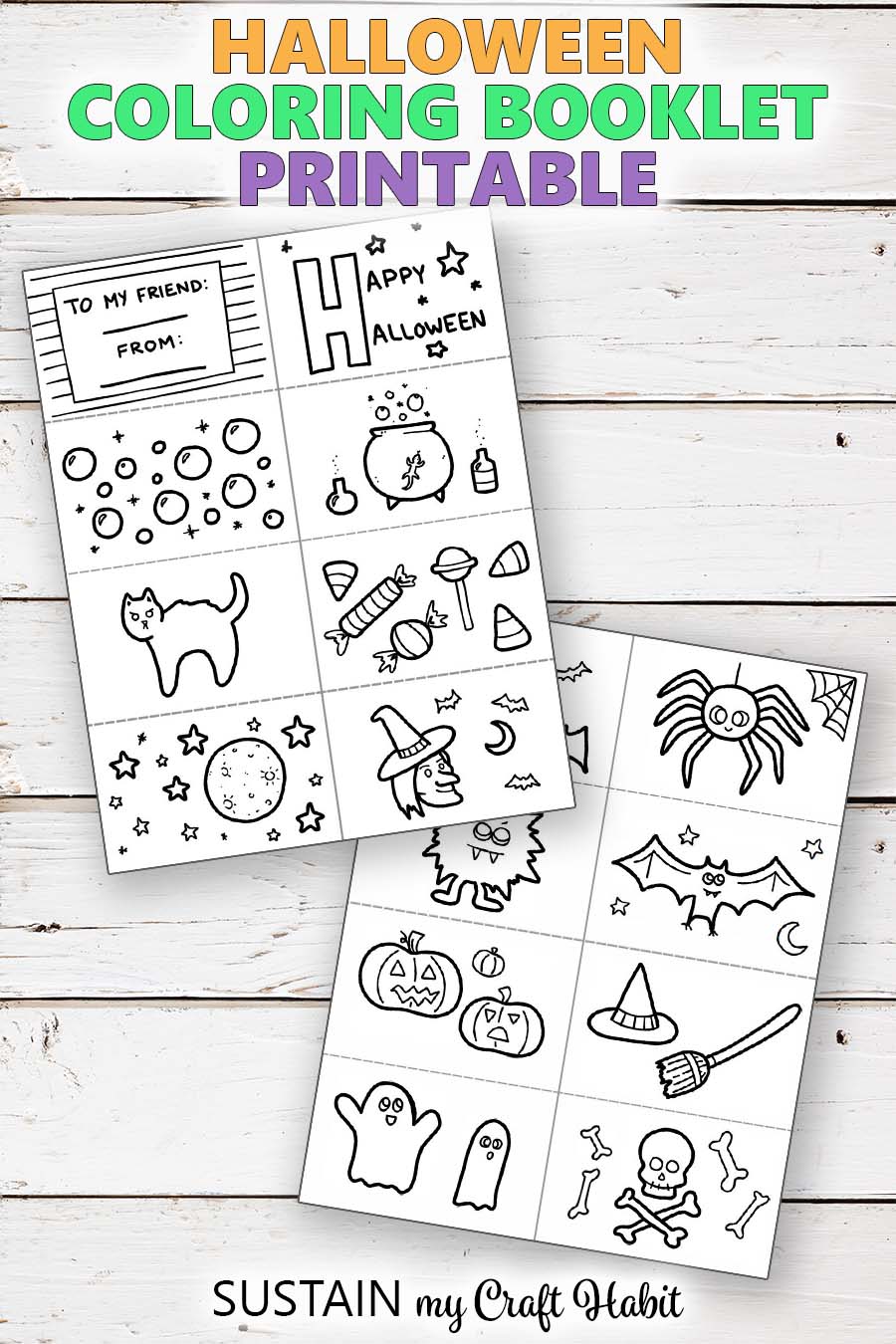 Collage of images showing the Mini Halloween Coloring book printables.