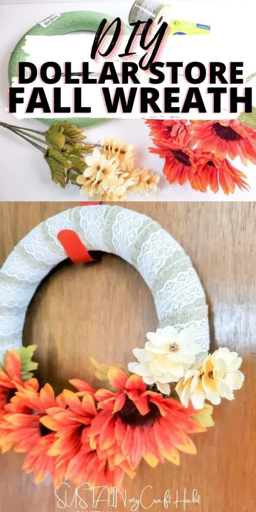 Materials and finished Dollar store fall wreath with text overlay.
