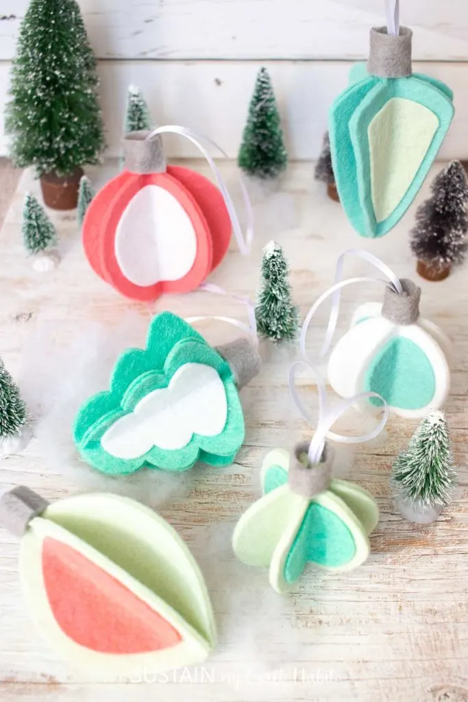 Retro inspired 3D felt Christmas ornaments.