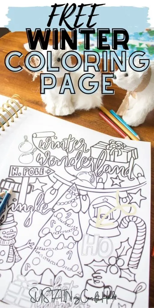 Winter coloring page with text overlay.