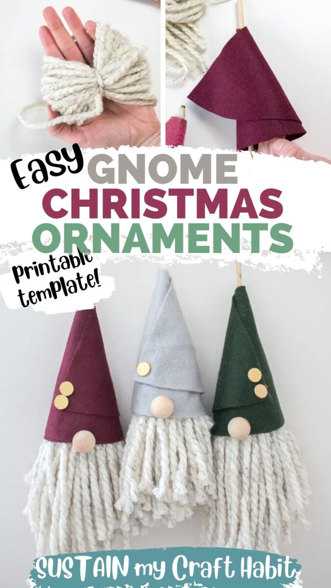 Collage of image showing how to make a DIY gnome Christmas ornament.