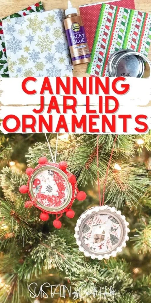 Collage of process pictures with text overlay showing how to make canning jar lid ornaments.