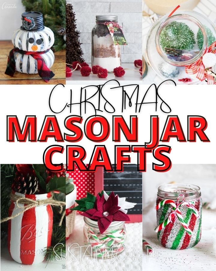 Collage of images showing creative mason jar christmas craft ideas.