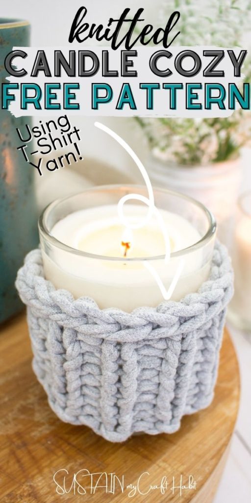 candle cozy knitted from tshirt yarn
