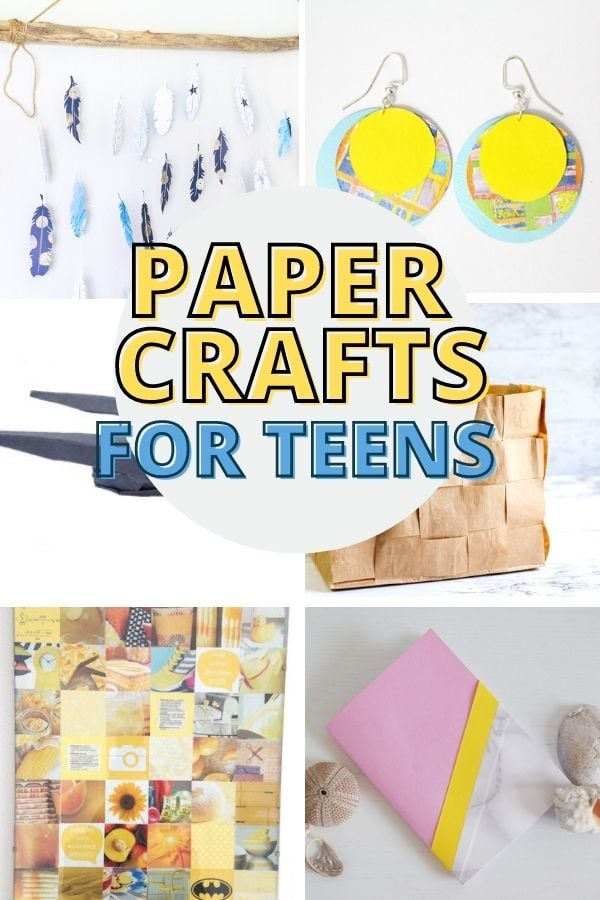 Collage of images of examples of paper crafts for teens including a paper feather wall hanging, earrings, woven bag, wall art and notebook.