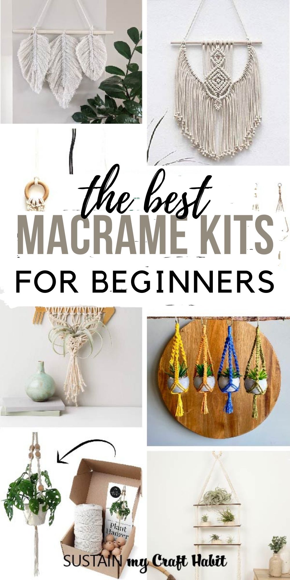 Collage of images showing DIY macrame kits including wall hangings, macrame planters, feathers and more. 