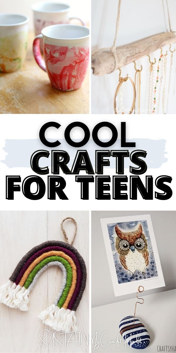 Collage of images showing craft ideas for teens including macrame art, painted rocks, marbled mugs and more.