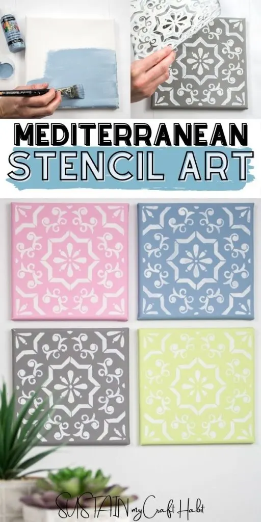Process pictures of Mediterranean stencil tile art with text overlay.
