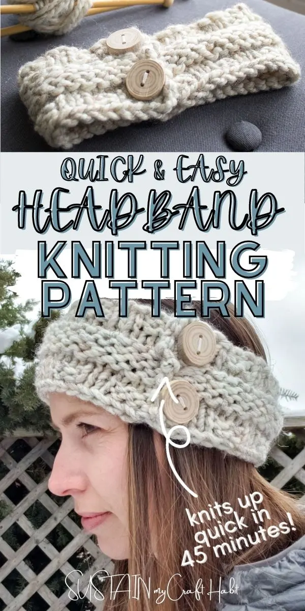Collage of knitted headband, text overlay and a woman wearing a headband.