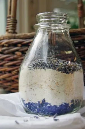 lavender craft oatmeal bath in a glass jar.