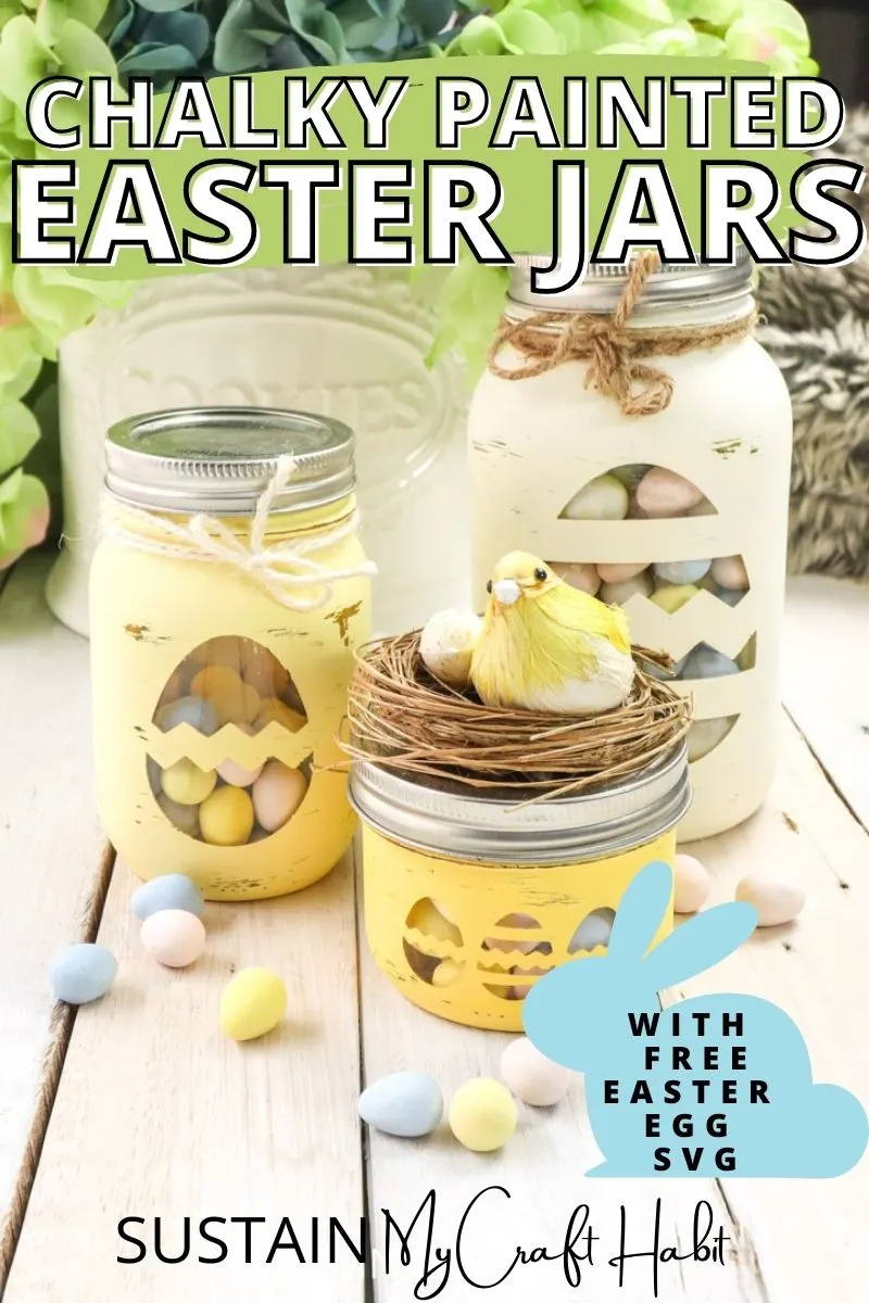 Easter candy jars made from mason jars and decorative twine and birds nest with text overlay.