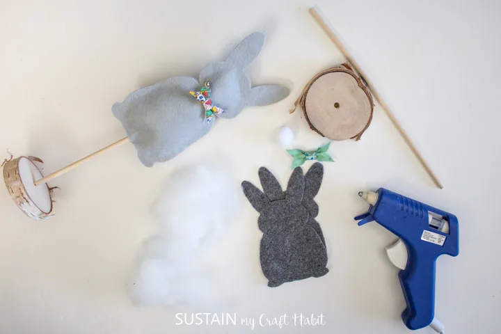 Materials and finished felt bunny Easter decor.