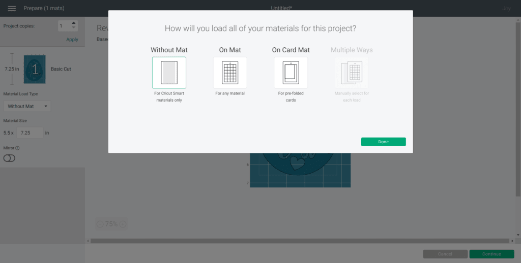 Selecting the "without mat" option in Cricut Design Space.